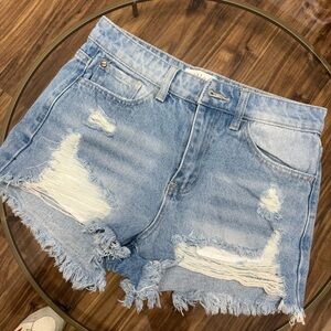 Frayed Hem Blue Denim Shorts